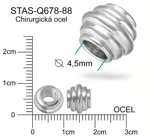 Korálek oblý CHIRURGICKÁ OCEL ozn.-STAS-Q678-88 Velikost pr.9,0mm x 7,5mm otvor 4,5mm