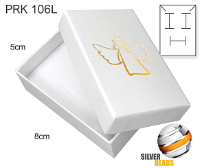 Krabička na šperky. Materiál papír. Ozn. PRK 106L. Barva BÍLÁ s potiskem anděla (zlatá barva).