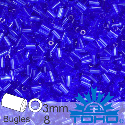 Korálky TOHO tvar BUGLES (válcové). Velikost pr.1,6mm x 3mm. Barva 8 Transparent Cobalt. Balení 10g.