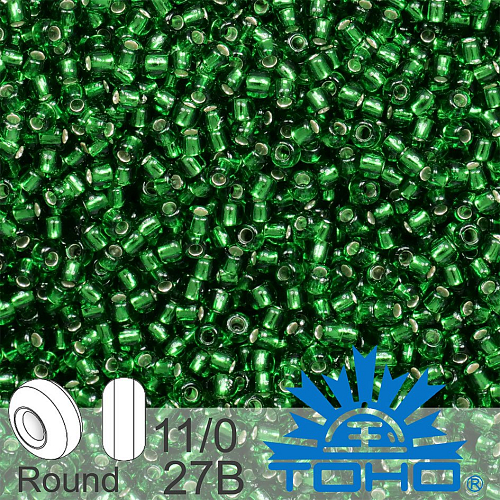 Korálky TOHO tvar ROUND (kulaté). Velikost 11/0. Barva č.27B-Silver-Lined Grass Green . Balení 8g.