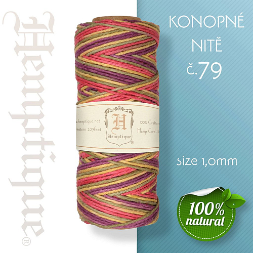 Konopná nit HEMP CORD síla nitě 1,0mm. METRÁŽ Barva č.79 Červeno-Fialová