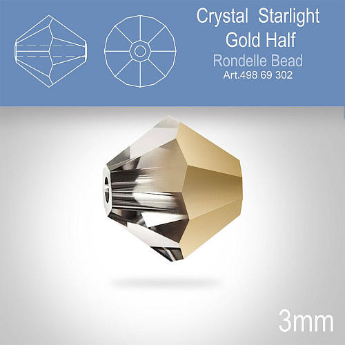 PRECIOSA Bicone (sluníčko) velikost 3mm. Barva CRYSTAL STARLIGHT GOLD HALF. Balení 40ks
