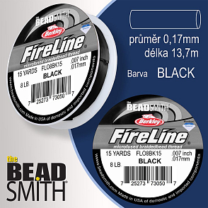 FIRELINE Berkley profesionální splétaná šnůra z polyethylenových vláken. Průměr 0,17mm, zátěž (8lb) 3,6Kg, balení (15yards) 13,7m, barva BLACK
