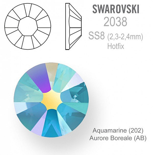 SWAROVSKI xilion rose HOTFIX 2038 velikost SS8 barva Aquamarine Aurore Boreale