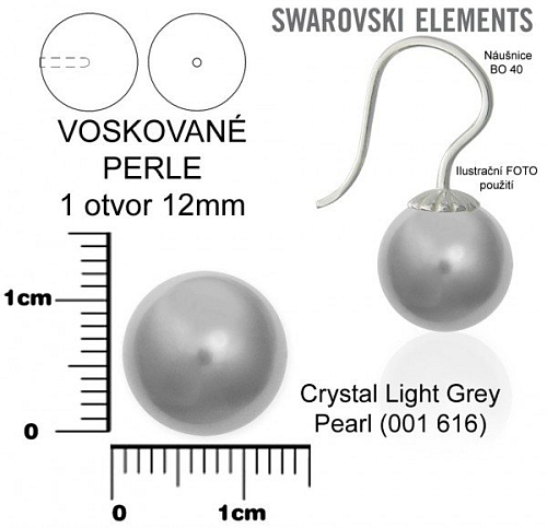 SWAROVSKI 5818 Voskované Perle 1otvor barva CRYSTAL LIGHT GREY velikost 12mm.