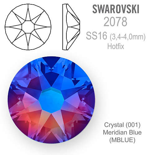 Swarovski XIRIUS Rose HOT-FIX velikost SS16 barva Crystal (001) Meridian Blue (MBLUE)