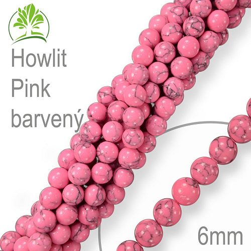 Korálky z minerálů Magnezit (Howlit)  Pink barvený. Velikost pr.6mm. Balení 12Ks.