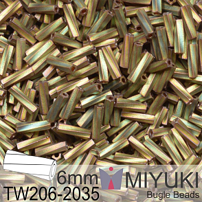 Korálky Miyuki Bugle Bead 6mm. Barva TW206-2035 Matte Metallic Khaki Iris. Balení 5g.