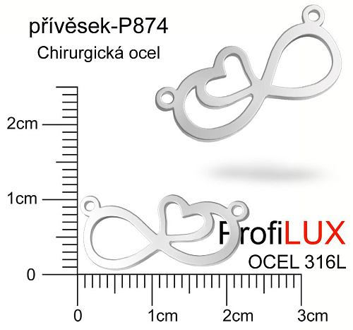 Přívěsek Chirurgická Ocel ozn-P874 NEKONEČNO se srdcem 2x očko velikost 22x11mm. Řada přívěsků ProfiLUX