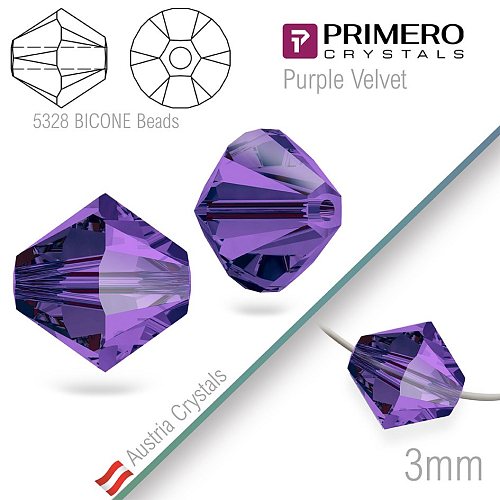 Korálky PRIMERO Crystals . Tvar 5328 Bicone BEADS. Barva Purple Velvet. Velikost 3mm balení-25Ks.