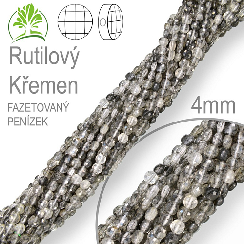 Korálky z minerálů Rutilový Křemen přírodní polodrahokam. Velikost pr.4mm tl. 2,5mm tvar penízek z čelních stran fazetovaný. Balení 108Ks