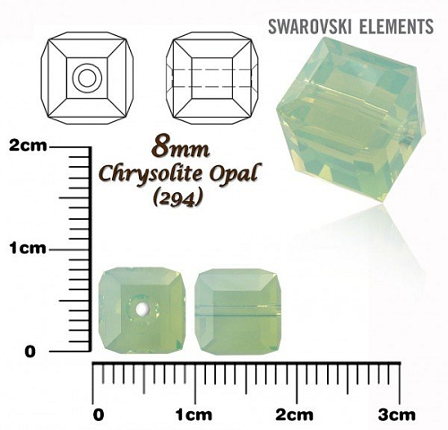 SWAROVSKI CUBE Beads 5601 barva CHRYSOLITE OPAL velikost 8mm.