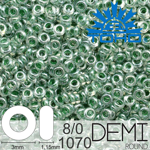 Korálky TOHO Demi Round 8/0. Barva 1070 Inside-Color Crystal/Emerald-Lined. Balení 5g