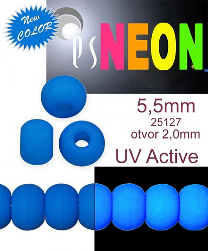 Korálky NEON (UV Active) BAVORÁK velikost pr.5,5mm tl.4,0mm barva 25127 MODRÁ SVĚTLÁ. Balení 21Ks. 