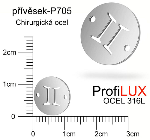Přívěsek Chirurgická Ocel ozn-P705 znamení BLÍŽENCI 2x otvor velikost pr.12mm. Řada přívěsků ProfiLUX