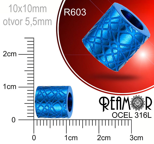 Korálek tvarovaný Reamor CHIRURGICKÁ OCEL ozn.-R603. Velikost 10x10mm otvor 5,5mm.