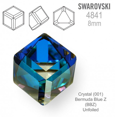 SWAROVSKI ELEMENTS 4841 Angled Cube (zkosená kostka) barva CRYSTAL (001) BERMUDA BLUE Z (BBZ) velikost 8mm.