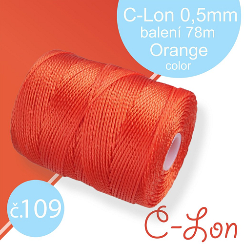 Nylonová nit C-Lon pevná korálková nit. Barva 109 Orange. Síla nitě 0,5mm. Balení 78m na cívce.