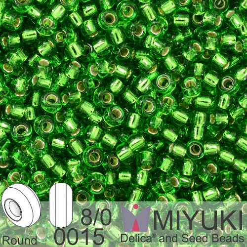 Korálky Miyuki Round 8/0. Barva 0015 S/L Light Green . Balení 5g