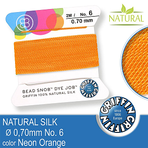 Hedvábná nit s jehlou GRIFFIN síla nitě 0,7mm No.6 délka 2m. Barva Neon Orange.