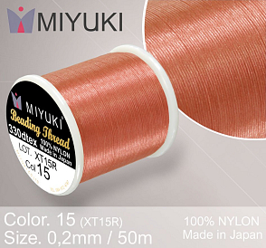 Nylonová nit značky MIYUKI. Barva č. 15 Nutmeg. Materiál 330DTEX (0,2mm). Balení 50m. 