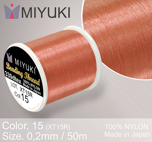 Nylonová nit značky MIYUKI. Barva č. 15 Nutmeg. Materiál 330DTEX (0,2mm). Balení 50m.