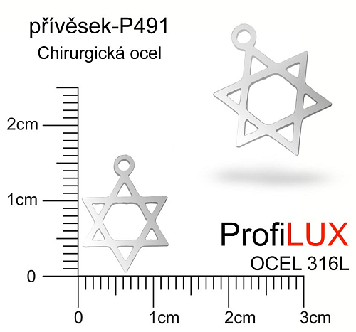 Přívěsek Chirurgická Ocel ozn-P491 hvězda DAVIDOVA velikost 12x16mm tl.1.2mm. Řada přívěsků ProfiLUX. 