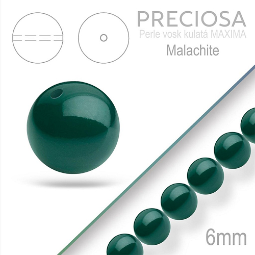 Preciosa Perle voskovaná kulatá MAXIMA barva Malachite velikost 6mm. Balení návlek 21Ks.