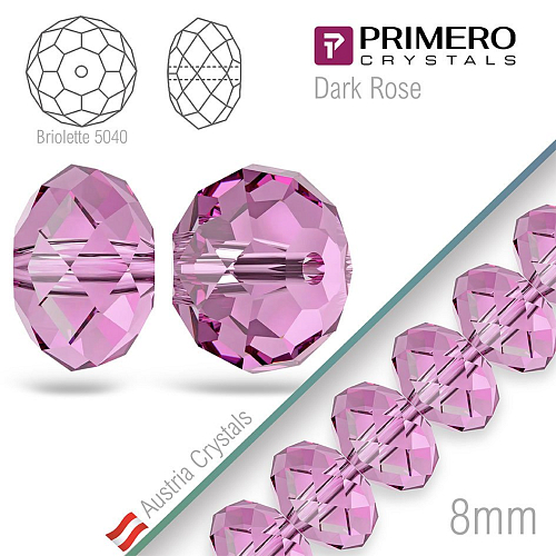 Korálky PRIMERO Crystals . Tvar 5040 Brilotette. Barva Dark Rose. Velikost 8mm
