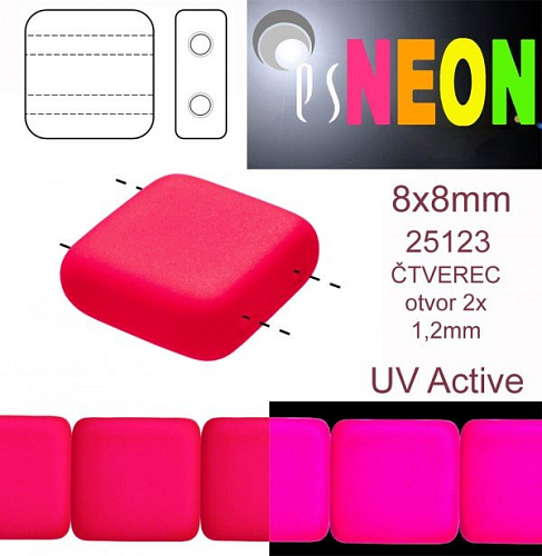 Korálky čtverec 2 otvory NEON (UV Active) velikost 8x8mm barva 25123 růžová. Balení 15Ks. 