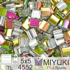 Korálky MIYUKI tvar TILA BEADS velikost 5x5mm. Barva TL-4552 Crystal/ Vitrail (VL). Balení 5g.