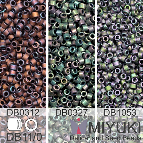 Korálky Miyuki Delica 11/0. Barevné variace č. 26 DB0327, DB1053,  DB0312. Balení 2x5g, 1x 3g
