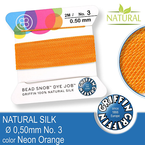 Hedvábná nit s jehlou GRIFFIN síla nitě 0,5mm No.3 délka 2m. Barva Neon Orange.