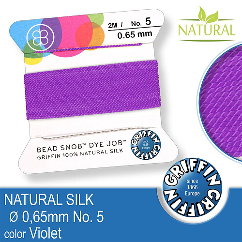 Hedvábná nit s jehlou GRIFFIN síla nitě 0,65mm No.5 délka 2m. Barva Violet.