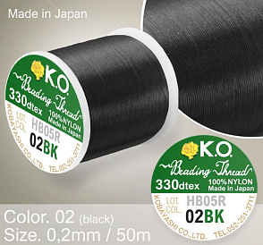 Nylonová nit značky K.O. Barva č. 02 black. Materiál 330DTEX (0,2mm). Balení 50m. 