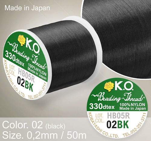 Nylonová nit značky K.O. Barva č. 02 black. Materiál 330DTEX (0,2mm). Balení 50m.
