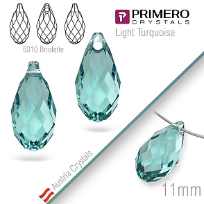 Přívěsky PRIMERO Crystals . Tvar 6010 Briolette. Barva Light Turquoise. Velikost 11mm