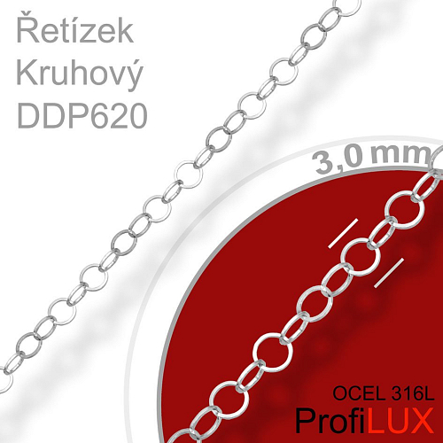 Řetízek KRUHOVÝ DDP 620 Materiál CHIRURGICKA Ocel 316L..Velikost  šířka 3,0mm. CENA je uvedena za 0,5m.