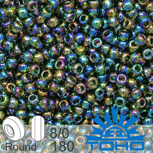 Korálky TOHO tvar ROUND (kulaté). Velikost 8/0. Barva č. 180-Trans-Rainbow Olivine . Balení 10g.
