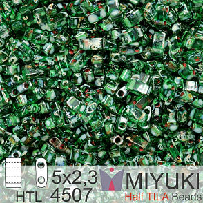 Korálky Miyuki Half Tila. Barva  Transparent Green Picasso HTL 4507. Balení 3g.