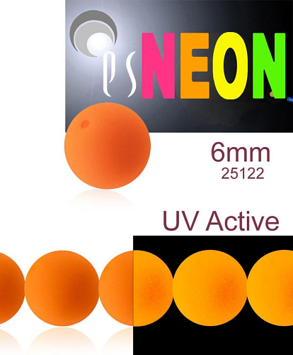 Korálky NEON (UV Active) velikost 6mm barva 25122 oranžová. Balení 21Ks. 