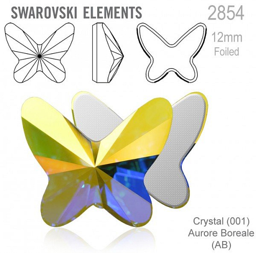 SWAROVSKI 2854 Butterfly Flat Back Foiled velikost 12mm. Barva Crystal Aurore Boreale 