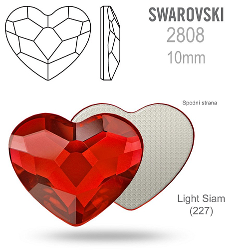 SWAROVSKI 2808 Heart Flat Back Foiled velikost 10mm. Barva Light Siam (227)