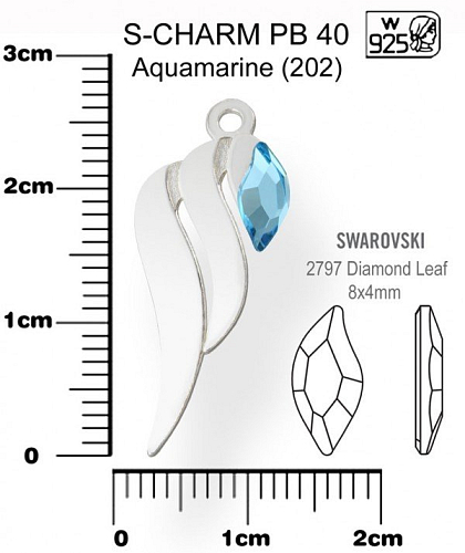 Přívěsek tvar KŘÍDLO PB 40+Swarovski 2797 Aquamarine (202). Materiál Ag925. Váha Ag 0,62g