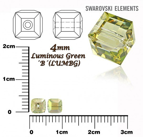 SWAROVSKI CUBE Beads 5601 barva LUMINOUS GREEN´B´velikost 4mm.
