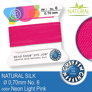 Hedvábná nit s jehlou GRIFFIN síla nitě 0,7mm No.6 délka 2m. Barva Neon Light Pink.