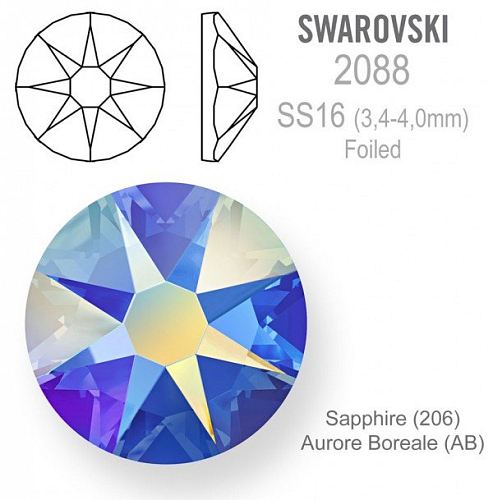 SWAROVSKI 2088 XIRIUS FOILED velikost SS16 barva Sapphire Aurore Boreale 