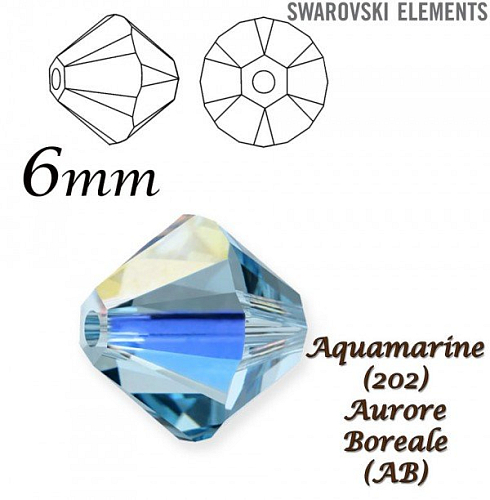 SWAROVSKI XILION BEAD 5328 barva AQUAMARINE AURORE BOREALE velikost 6mm. Balení 10Ks