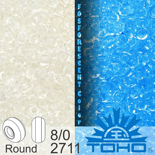 Korálky TOHO tvar ROUND (kulaté). Velikost 8/0. Barva č.2711-Glow In The Dark - Crystal/Bright Blue . Balení 10g.