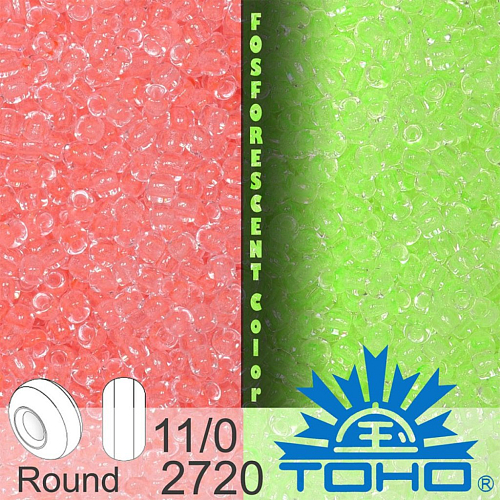 Korálky TOHO tvar ROUND (kulaté). Velikost 11/0. Barva č.2720-Glow In The Dark - Pink/Yellow Green. Balení 8g.